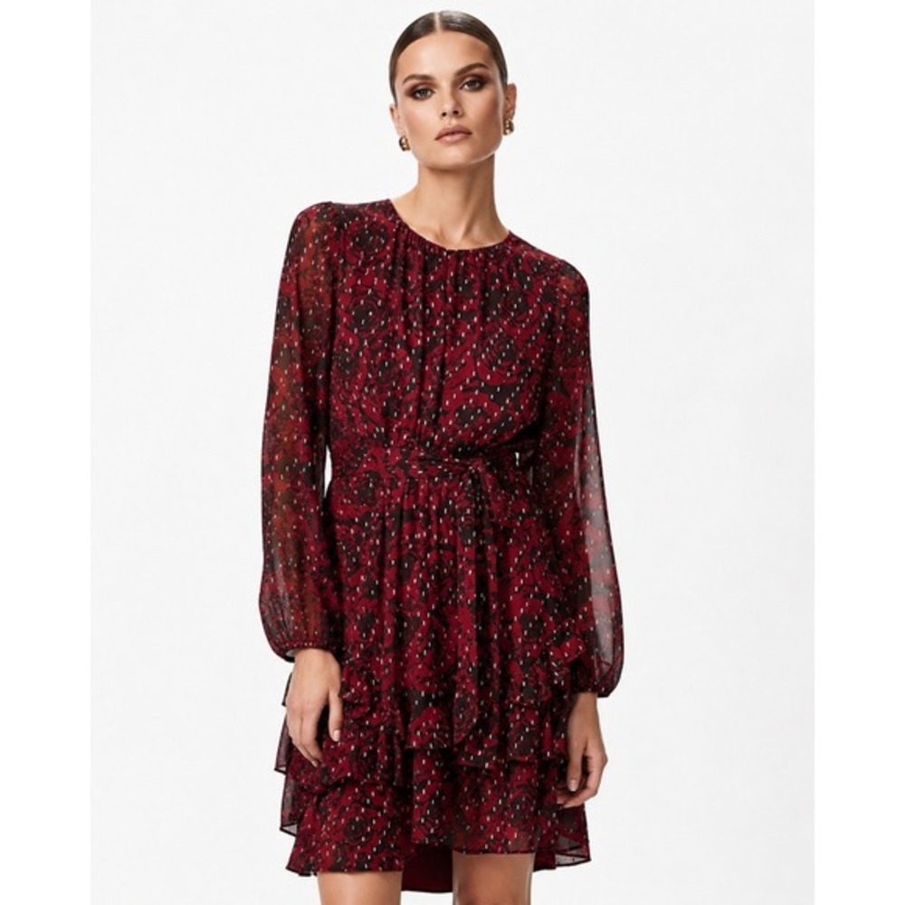 Simply Vera Vera Wang Burgundy Rose Floral Metallic Ruffle Dress XXL NWT